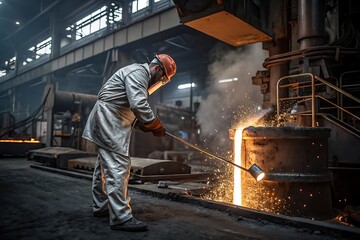 Man is working in a factory with a large furnace