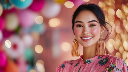 Fototapeta premium Kazakh model, blending oriental elegance with modern fashion in a pink dress and tassel earrings, while highlighting the latest in cosmetics and beauty trends