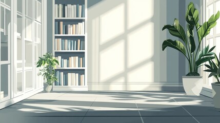 Sunlit room, bookshelves, plants, interior design, home decor