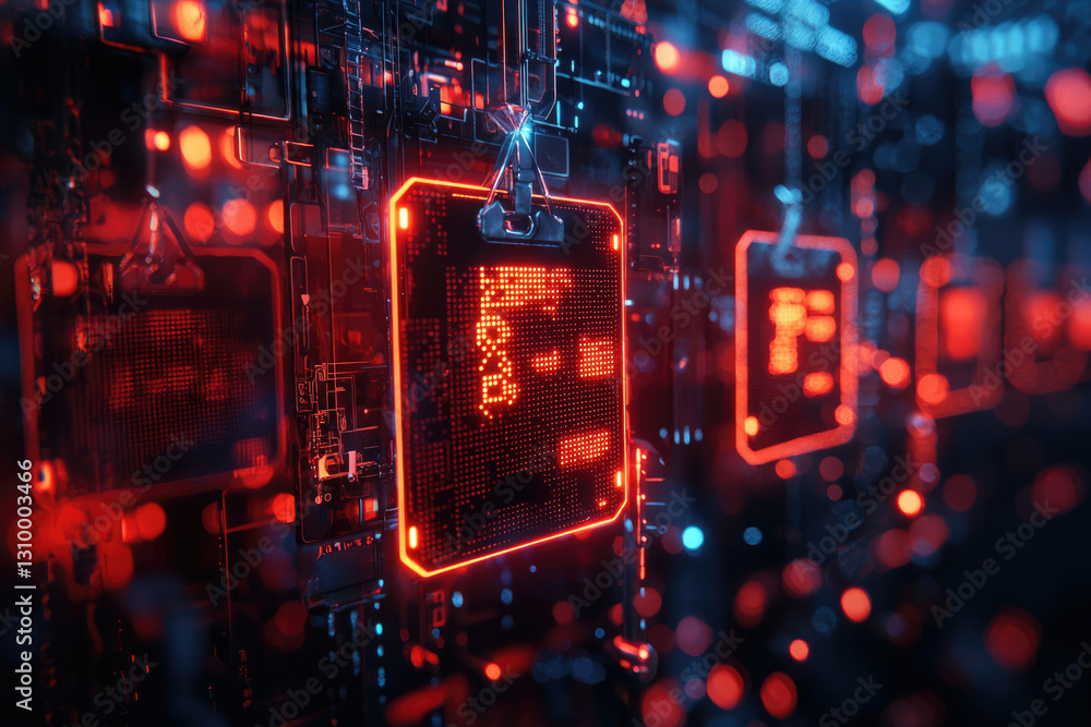 Poster A futuristic digital circuit board with glowing red components displays data streams and processing information.