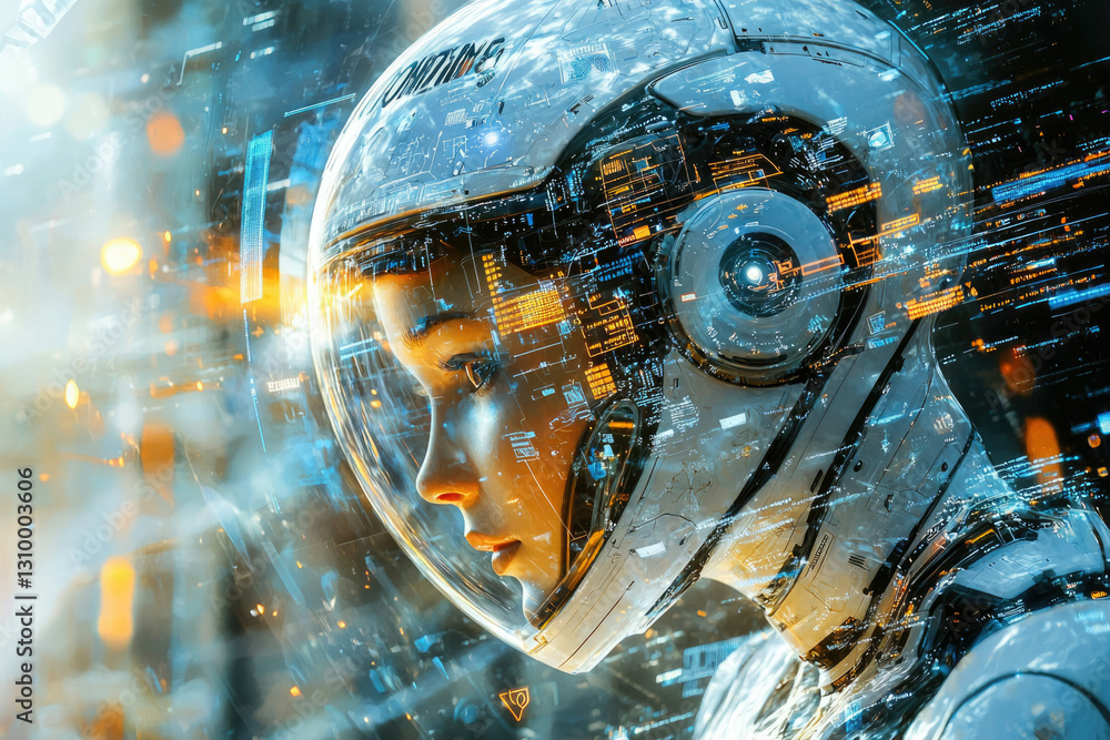 Poster a futuristic cyborg girl's profile, enveloped in digital data streams and glowing circuitry.