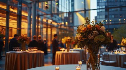 Professional networking mixer - elegant table decor in sophisticated glass building with warm evening ambiance