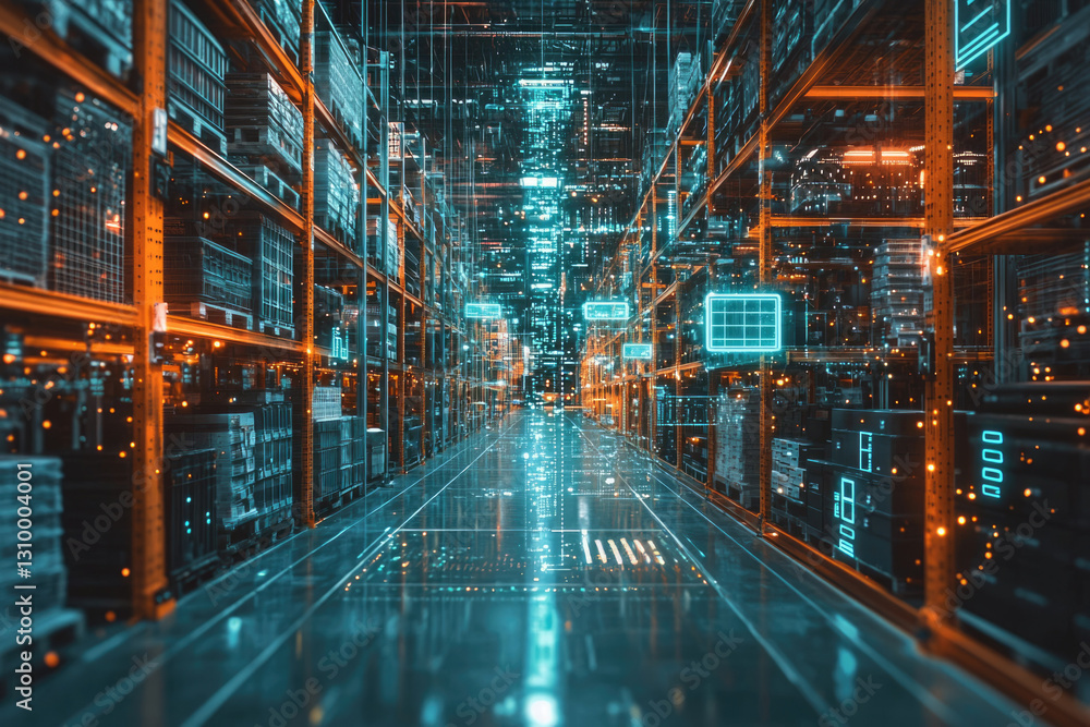 Poster Futuristic warehouse with digital overlay, showcasing automated inventory management and data visualization.