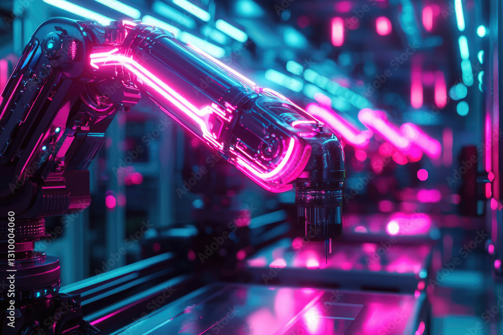 Poster futuristic robotic arms with neon lighting in a high-tech factory setting.