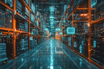 Futuristic warehouse with digital overlay, showcasing automated inventory management and data visualization.
