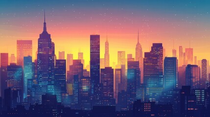 Obraz premium Urban skyline illuminated by sunset with tall buildings and clear sky in a busy city