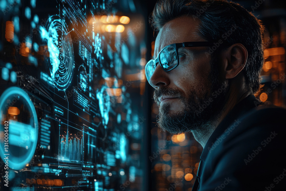 Poster A man in glasses intently studies a large screen displaying complex data visualizations and global network information.
