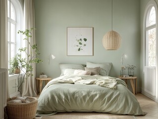 A cozy and light green bedroom with natural light and plants