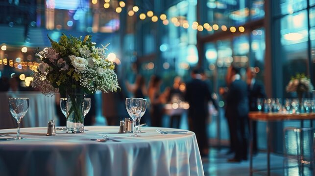 Glamorous night event in sleek venue - crisp linens, centerpieces and sophisticated glass building interior ambiance