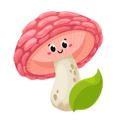 Cute cartoon pink mushroom. Vector illustration on white background. For prints, fabric, publications, games.