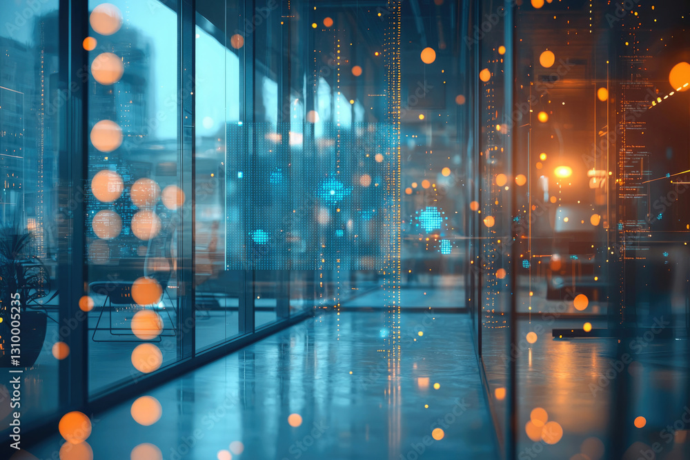 Poster Abstract image depicting a modern office space with digital data streams overlaid, suggesting innovation and technology.