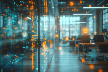 Modern server room with digital data streams and glowing interfaces on glass walls, showcasing technological advancements in a contemporary office setting.