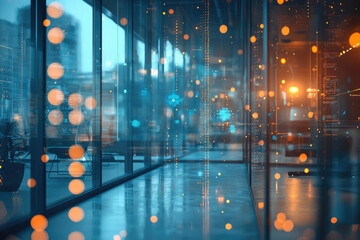 Abstract image depicting a modern office space with digital data streams overlaid, suggesting innovation and technology.