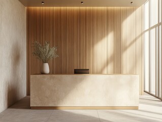 An architectural reception area features a minimalistic and natural design scheme
