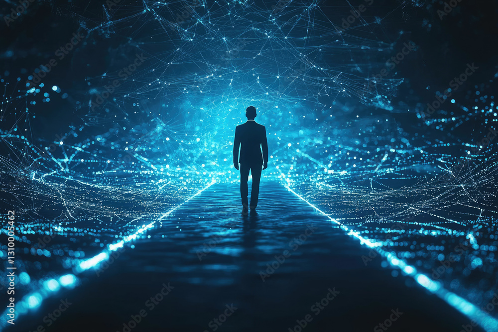 Poster a lone figure walks towards a bright future, illuminated by a network of interconnected nodes, symbo