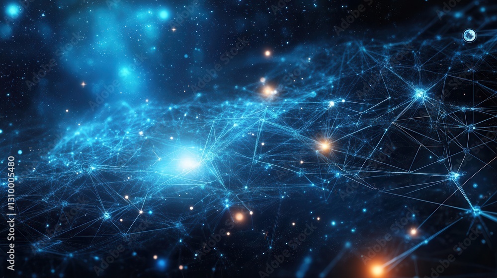 Poster dreamy cosmic landscape features planets and glowing lines connecting creative symbols in a deep blu