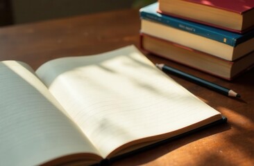 Quiet study moment with open notebook and stacked books on wooden desk