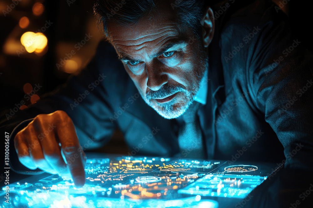 Aufkleber A man intently examines a futuristic, glowing interactive display, analyzing complex data patterns.