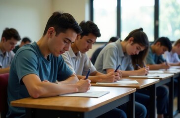 Fototapeta premium Students focused on exams in a classroom setting with natural light