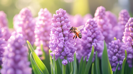 Fototapeta premium Bee pollinating purple hyacinth flowers in sunlit garden