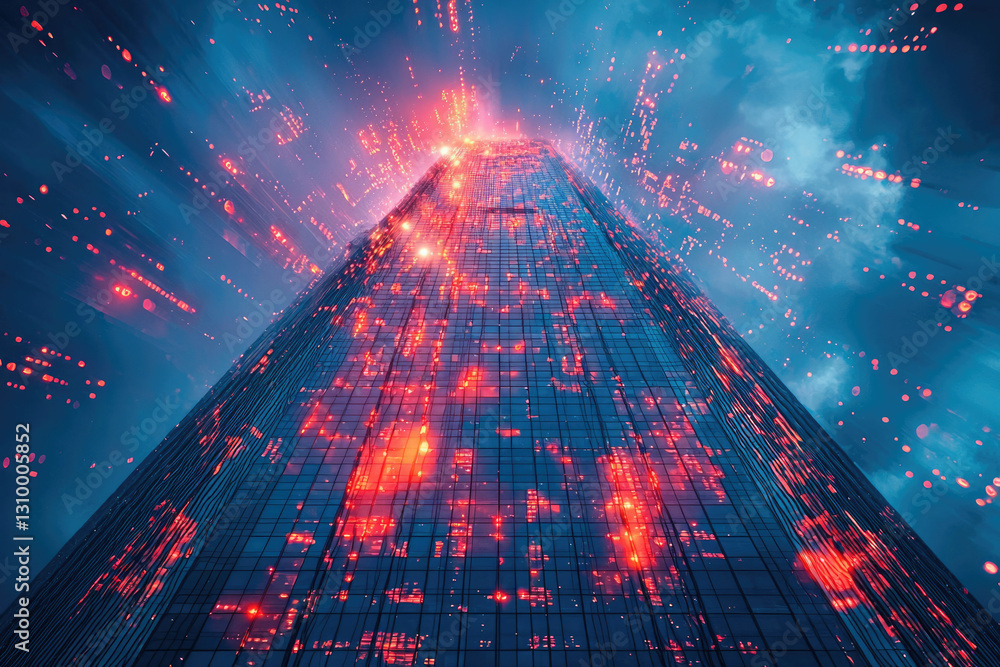Poster A futuristic skyscraper illuminated with red digital data streams, symbolizing technological advancement and urban modernization.
