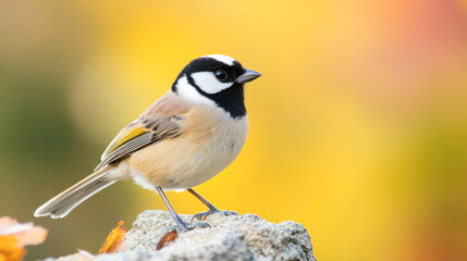 Obraz premium Beautiful black-throated sparrow on rock against vibrant yellow background