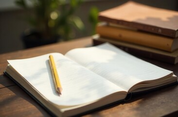 Open notebook and pencil on wooden desk with sunlight