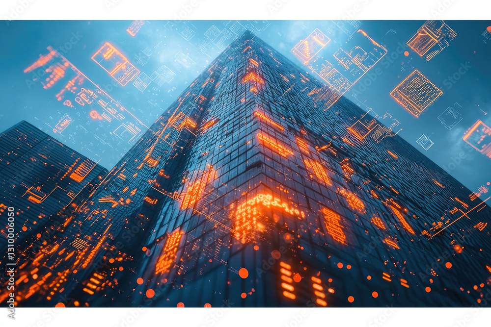 Poster Futuristic cityscape with glowing digital data streams integrated into the architecture of towering buildings.