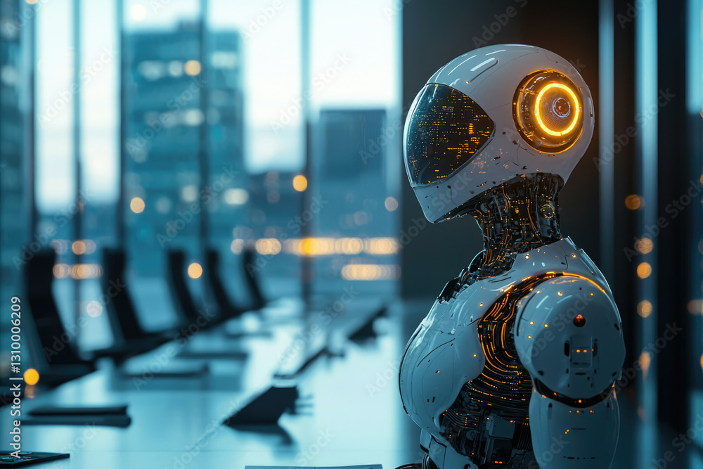 Poster a futuristic robot sits in a modern office overlooking a city, representing ai's integration into th