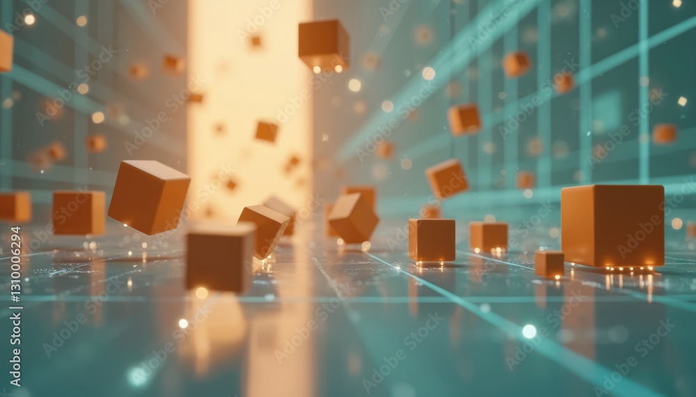 Poster abstract 3d render featuring floating orange cubes in digital grid, modern financial model. represen