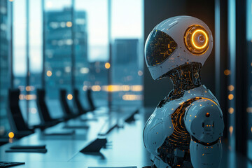 A futuristic robot sits in a modern office overlooking a city, representing AI's integration into the workplace.