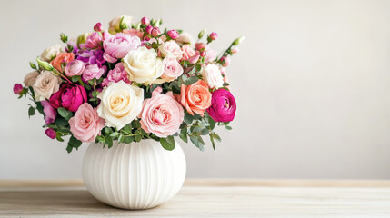 Obraz premium Elegant floral arrangement in white vase with roses and eucalyptus on wooden table