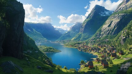 Fototapeta premium Scenic fjord village nestled amidst towering mountains