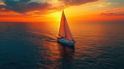Sailboat glides across ocean sunset fiery sky