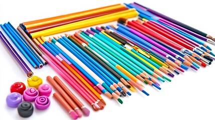 Fototapeta premium A vibrant kids' art supply set, shown against a white backdrop. 