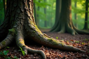 Tree trunks with rugged bark and twisted roots, woodland details, gnarled bark, forest trunk