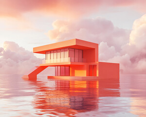 Orange modern house floats on calm water, sunset sky background. Minimalist architectural design, showcasing serenity and tranquility. Ideal for real estate or travel advertising