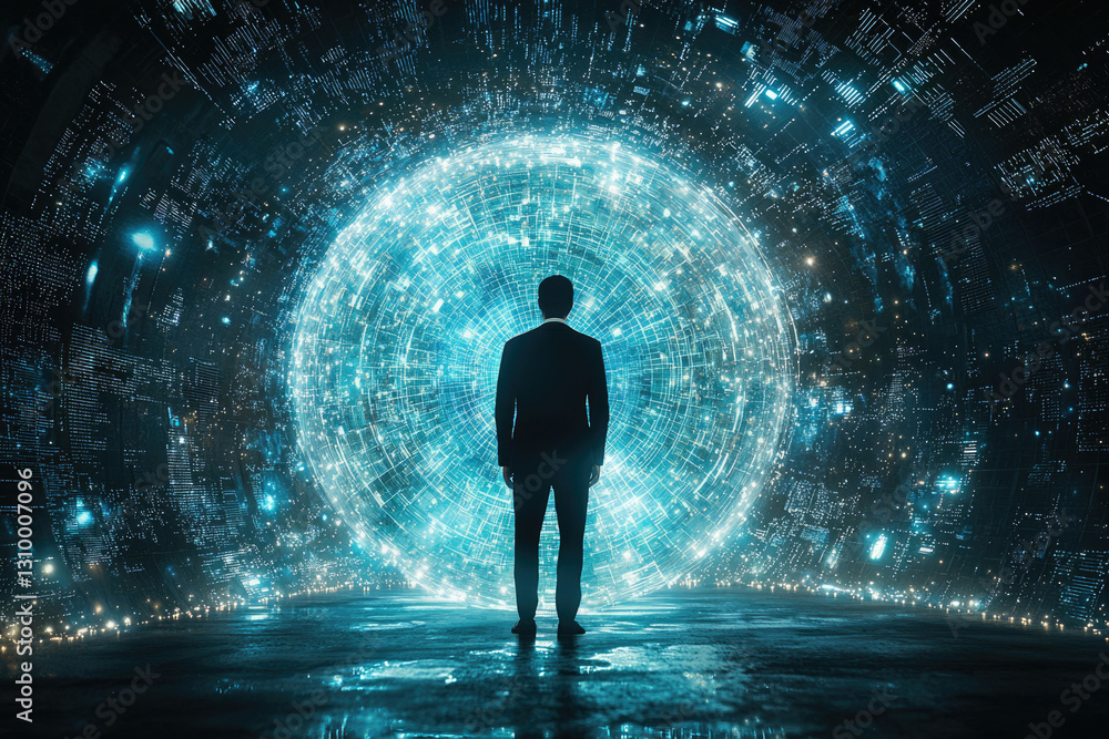 Poster a businessman stands before a glowing orb of data, symbolizing the vastness and potential of digital