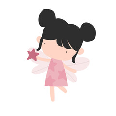 Vector illustration cute fairy girl in pink dress, with wings holds a star in her hands. Cartoon princess fairy. Delicate illustration for girls. Magic.
