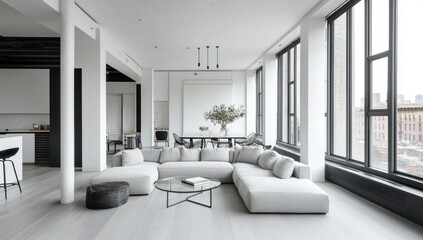 Modern, spacious loft apartment with large windows offering city views, featuring a neutral color palette and minimalist design, a sectional sofa, dining table, and kitchen.