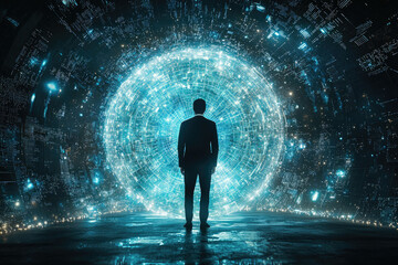 A businessman stands before a glowing orb of data, symbolizing the vastness and potential of digital information.