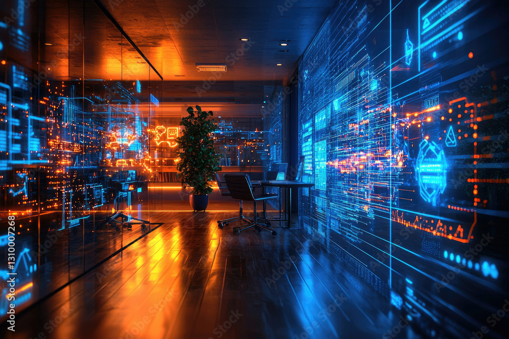 Poster Modern office with interactive digital wall displays showcasing data streams and visualizations, creating a futuristic workspace.
