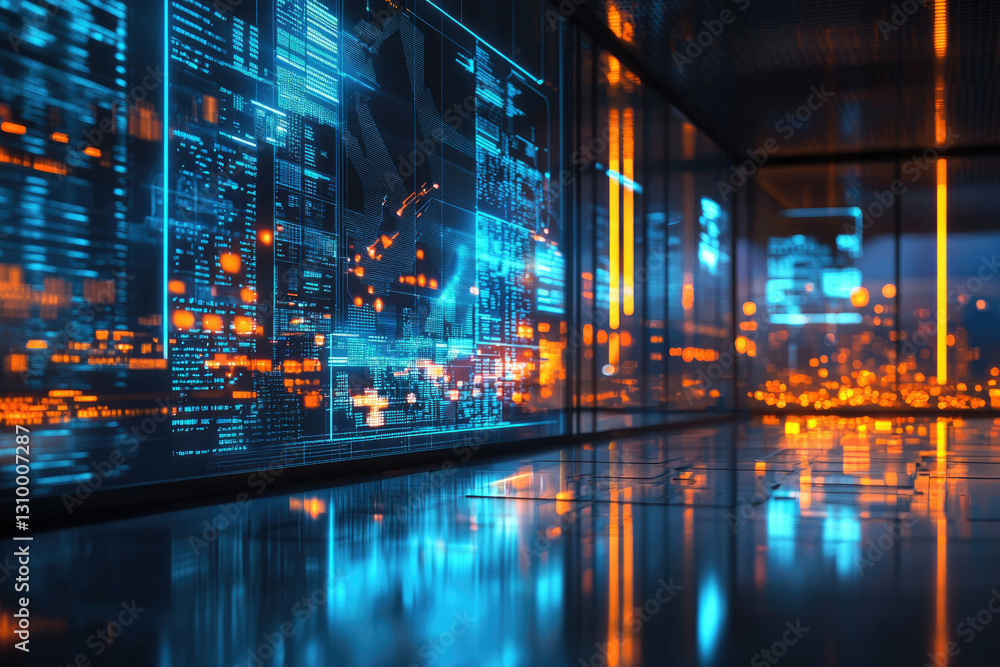 Poster Futuristic cityscape reflected in a modern building with large digital displays showing streams of data and code.