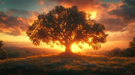 Majestic oak tree sunset golden meadow tranquility