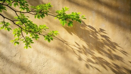 Fototapeta premium Sunlight Filtering Through Lush Foliage Casts a Playful Dance of Shadows on a Textured Wall