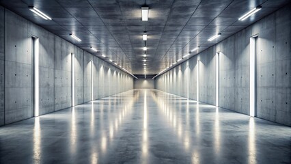 A long, narrow concrete corridor with a series of evenly spaced doors and overhead lights casting reflections on the polished floor