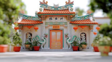 Fototapeta premium Chinese temple courtyard, sunny day, garden, serenity, travel brochure