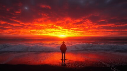Obraz premium Solitary figure watching fiery ocean sunset.