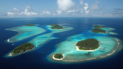 Obraz premium Tropical island archipelago, aerial view, luxury resorts, clear blue water