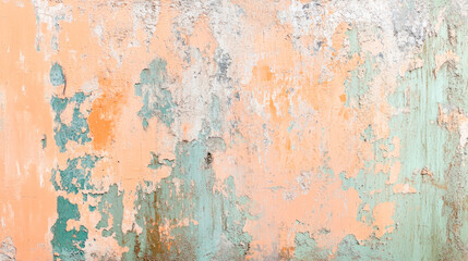 Fototapeta premium Weathered rustic wall with peeling paint in orange and green textures